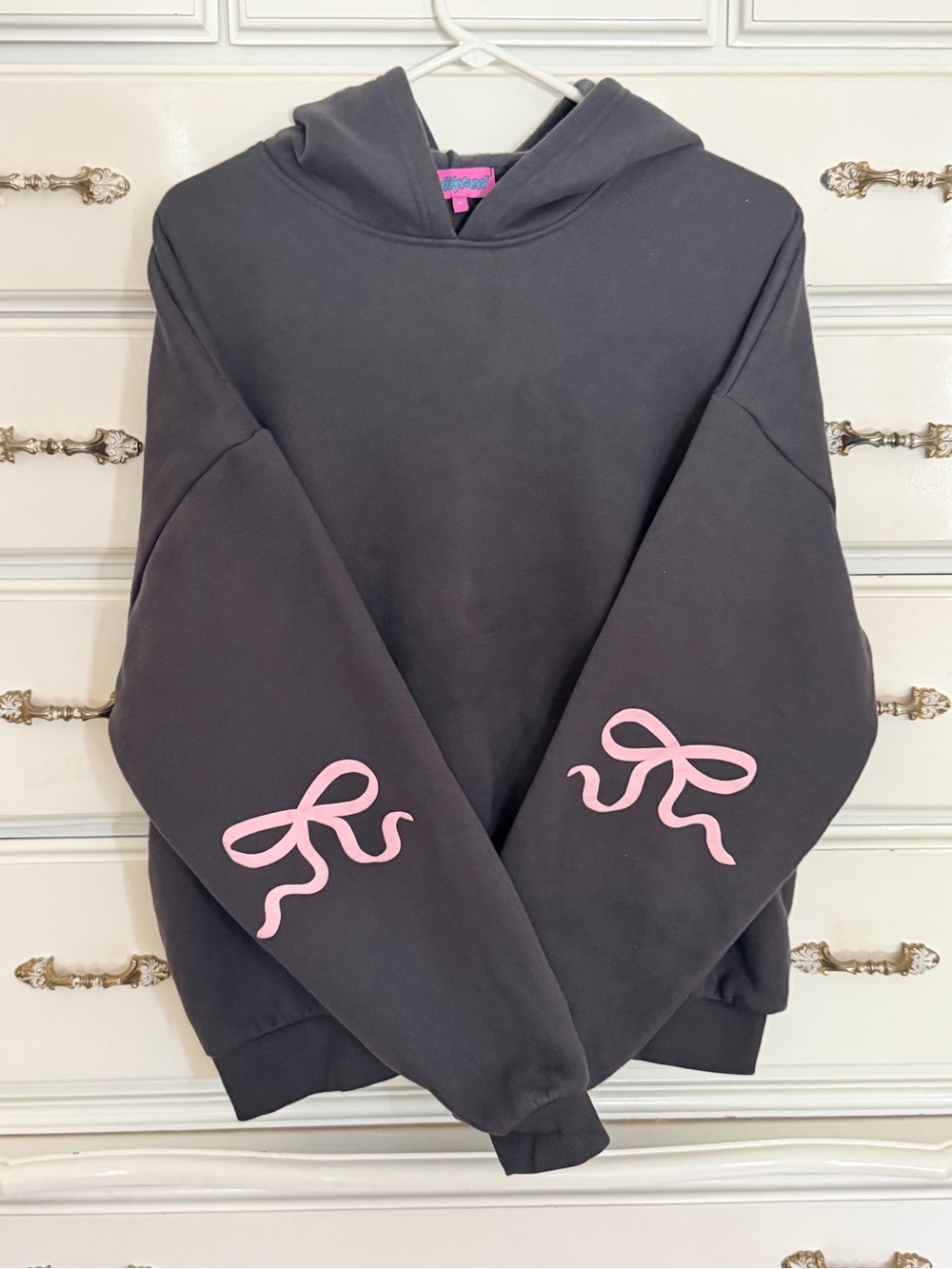 Edikted Black Hoodie with Pink Bow Sleeve Prints
